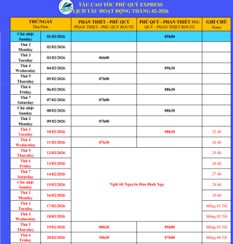 Lịch tàu Phú Quý Express Phan Thiết - Phú Quý 2/2026