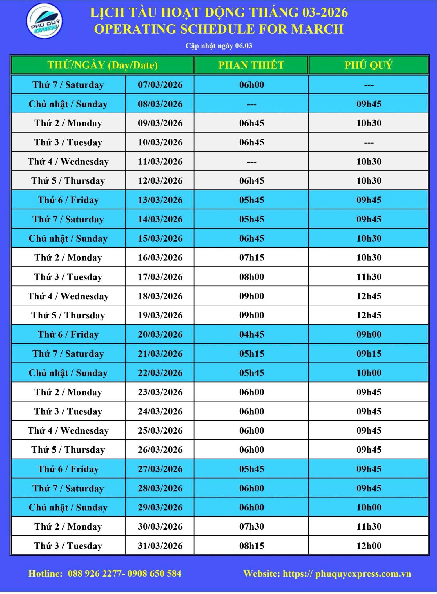 Lịch tàu Phú Quý Express Phan Thiết - Phú Quý 3/2026